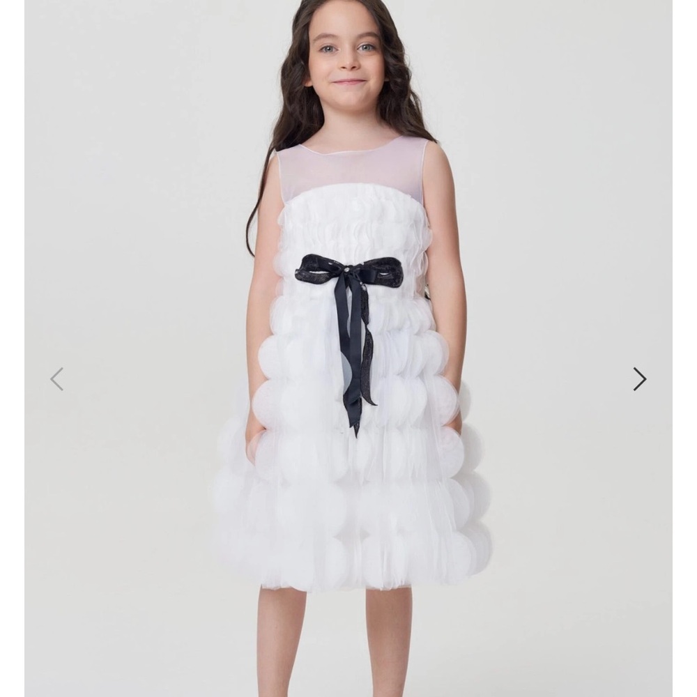 Elegant White Kids Dress with Black Bow